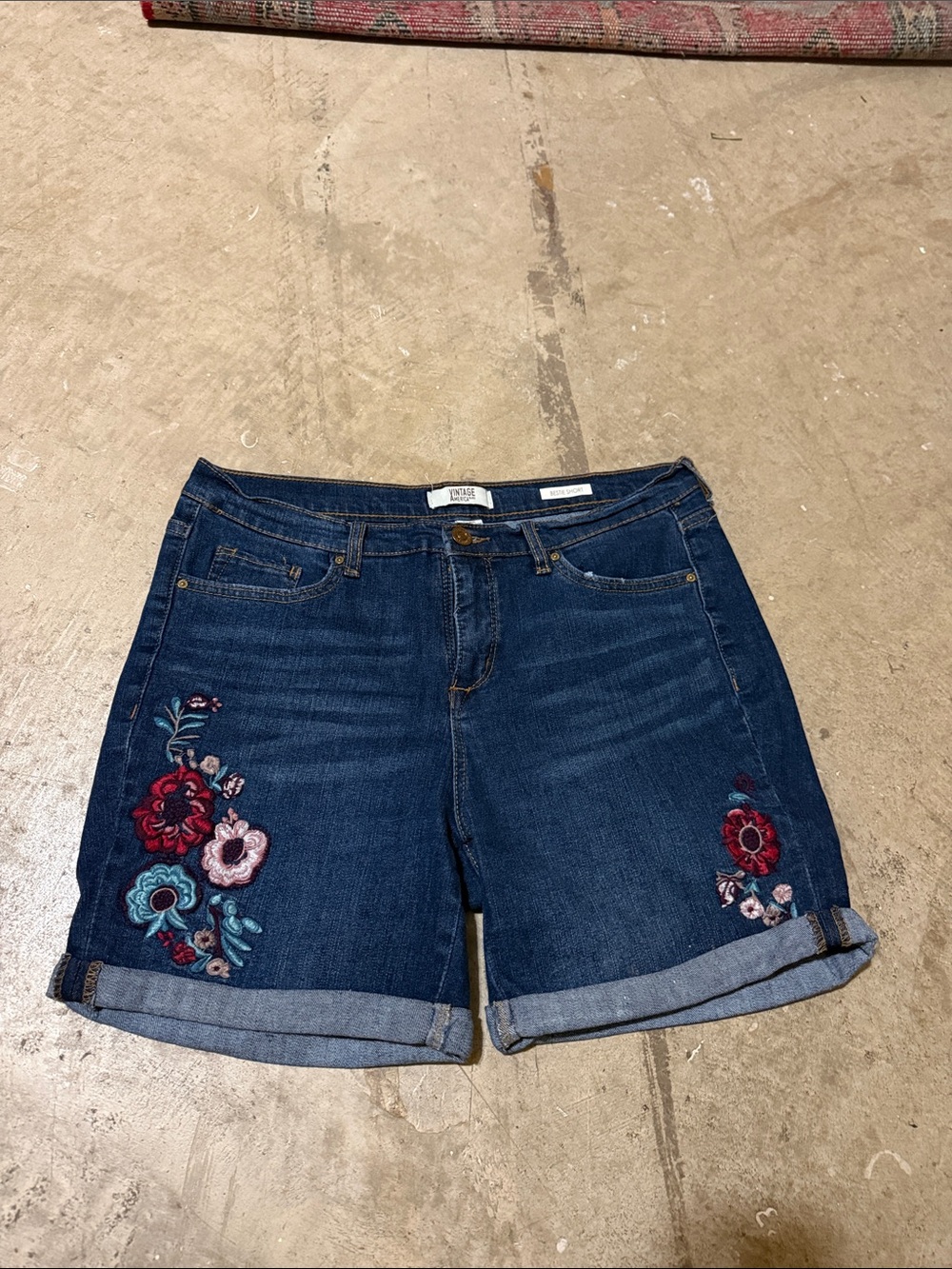 Embroidered Dark Blue Denim Jean Shorts with Floral Accents